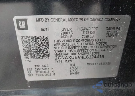 2020 Chevrolet Equinox Awd Lt 1.5L Turbo из США, поврежденный, VIN 2GNAXUEV4L6124416